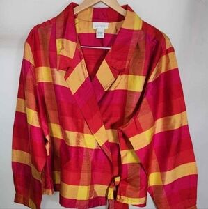 Vintage Avenue Red and Gold and Pink Silk Plaid Semi Wrap Jacket 22/24 Old Money